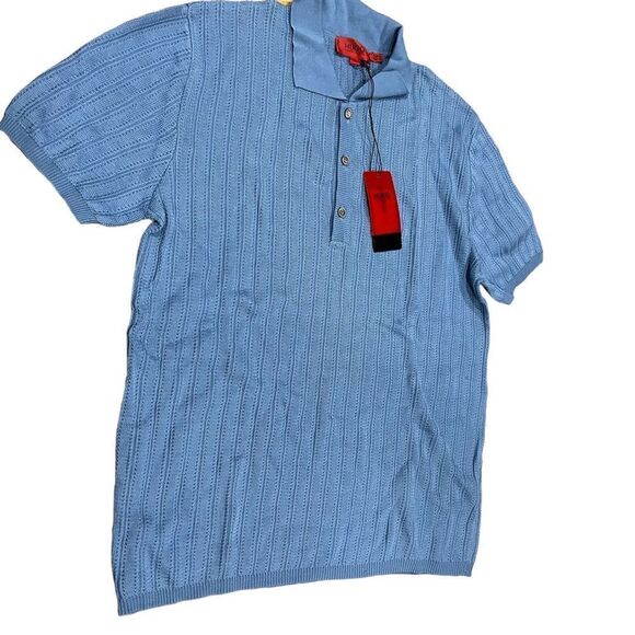 REVOLVE HUGO BOSS Vintage Knit Light Blue Polo Collared Shirt - Picture 1 of 12
